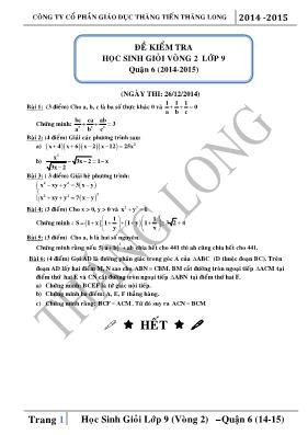 Đề kiểm tra học sinh giỏi vòng 2 lớp 9 Quận 6 (2014-2015) môn Toán